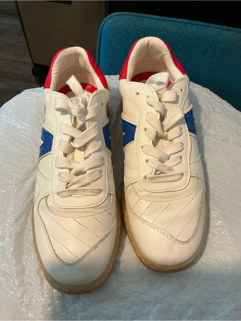 MIA White Sneakers with Blue and Red Accents